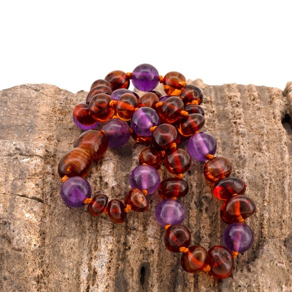 Amberalia Baltic Amber Baby Teething Necklace - Cognac /Amethyst 12.5" - Picture 6 of 6